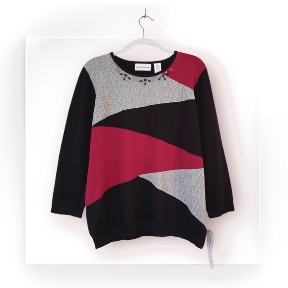 Alfred Dunner Knit Sweater Embellished Neckline Colorblock 3/4 Sleeve Crewneck - Picture 3 of 11